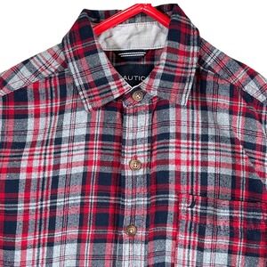 Nautica Kids Red Navy Blue Plaid Flannel Button Down Shirt Size Small 8